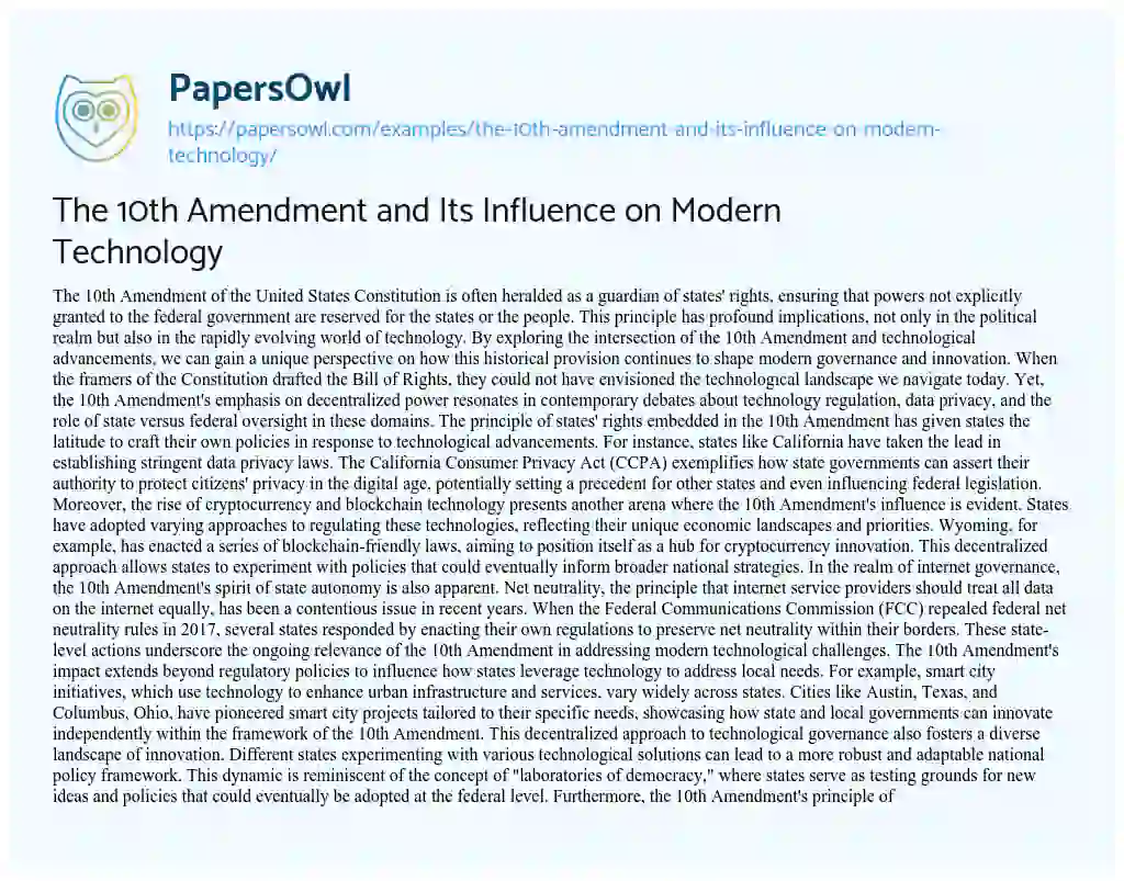 Essay on The 10th Amendment and its Influence on Modern Technology