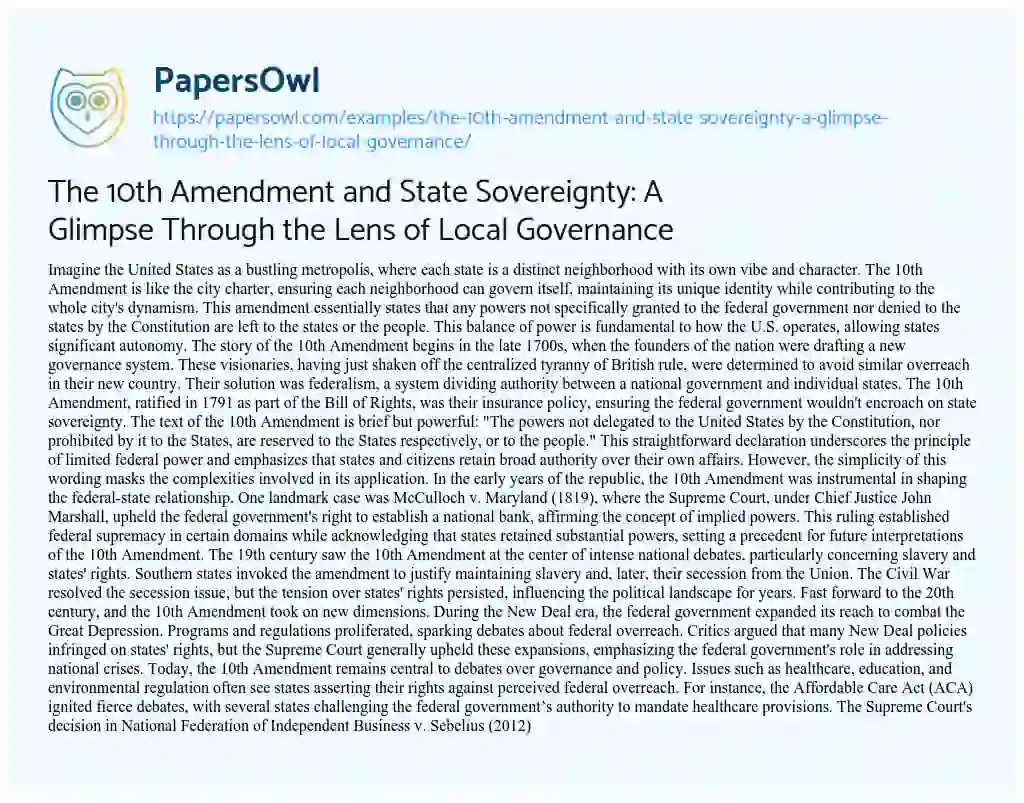 Essay on The 10th Amendment and State Sovereignty: a Glimpse through the Lens of Local Governance