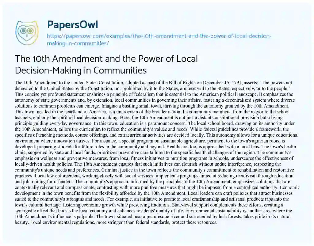 Essay on The 10th Amendment and the Power of Local Decision-Making in Communities