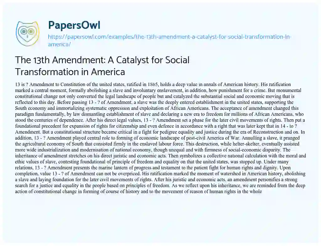 Essay on The 13th Amendment: a Catalyst for Social Transformation in America