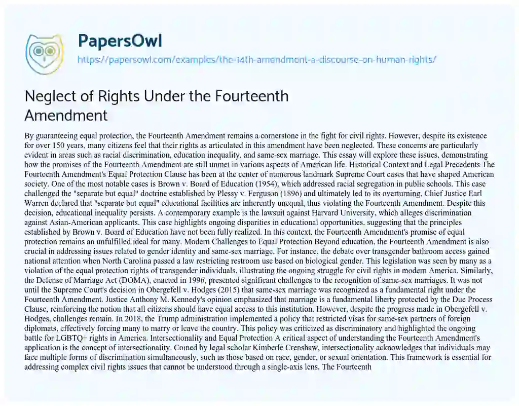 Essay on The 14th Amendment: a Discourse on Human Rights