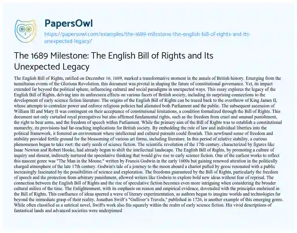 Essay on The 1689 Milestone: the English Bill of Rights and its Unexpected Legacy