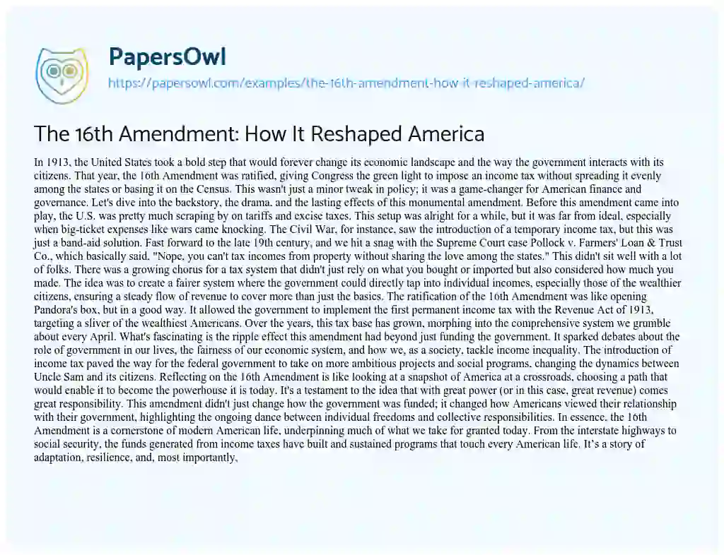 Essay on The 16th Amendment: how it Reshaped America