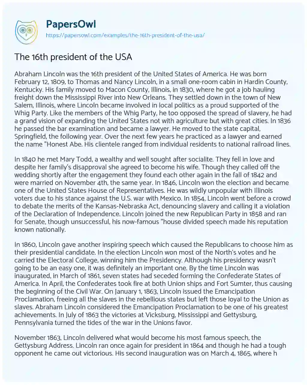 Essay on The 16th President of the USA