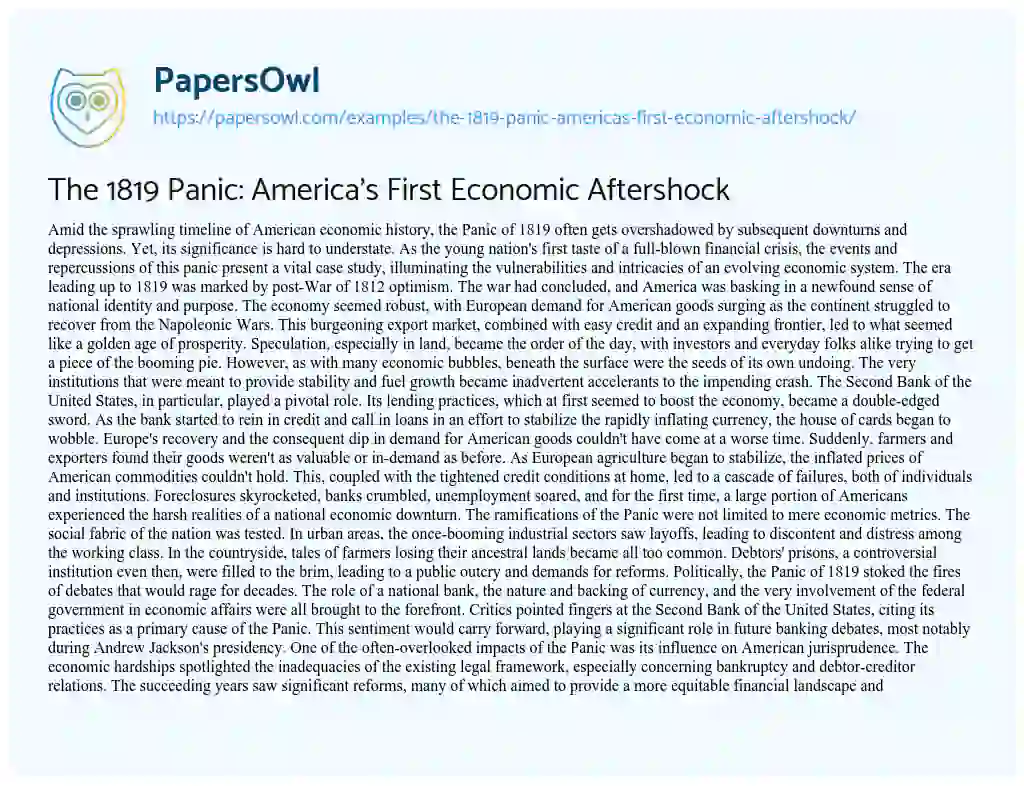 Essay on The 1819 Panic: America’s First Economic Aftershock