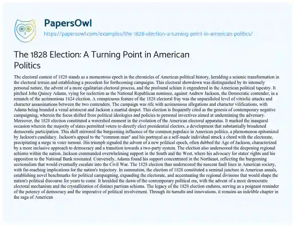 Essay on The 1828 Election: a Turning Point in American Politics