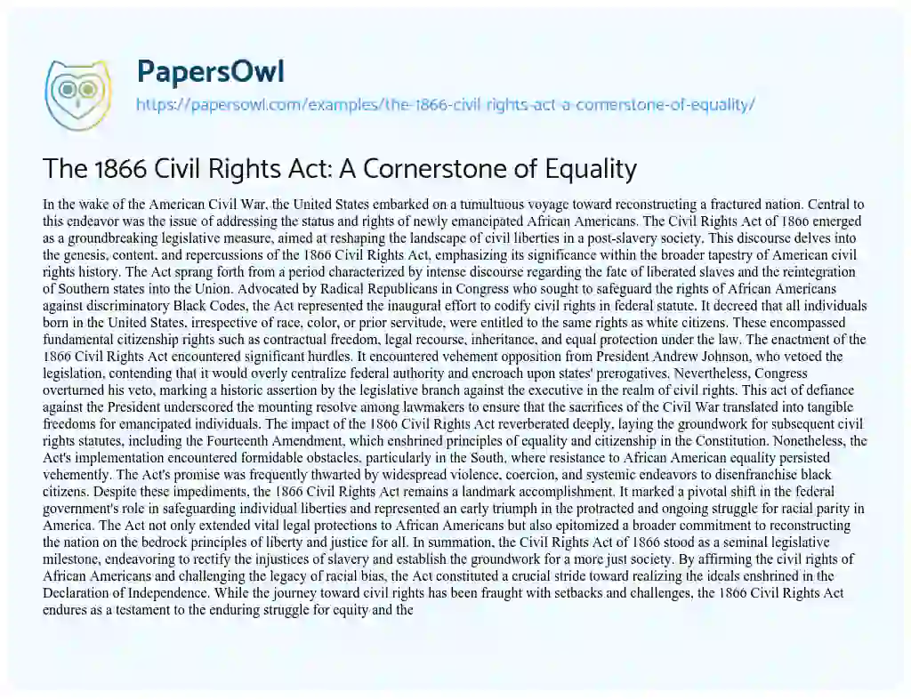 Essay on The 1866 Civil Rights Act: a Cornerstone of Equality