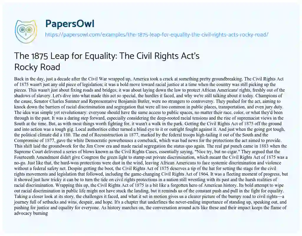 Essay on The 1875 Leap for Equality: the Civil Rights Act’s Rocky Road