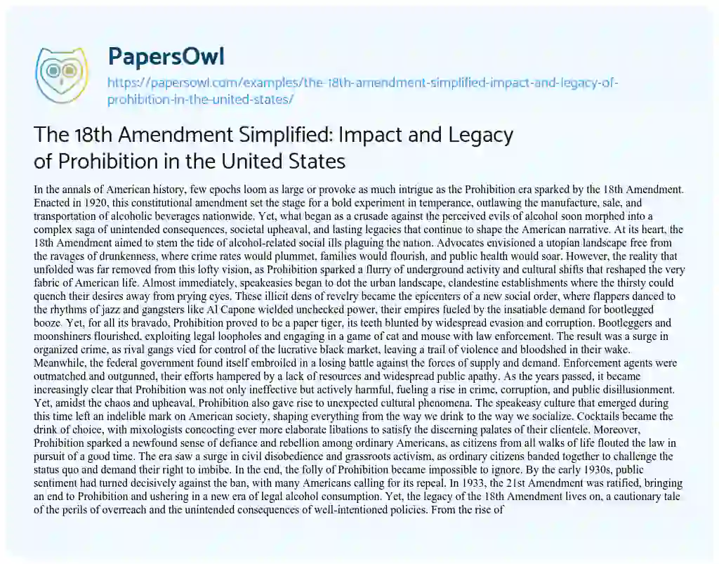 Essay on The 18th Amendment Simplified: Impact and Legacy of Prohibition in the United States