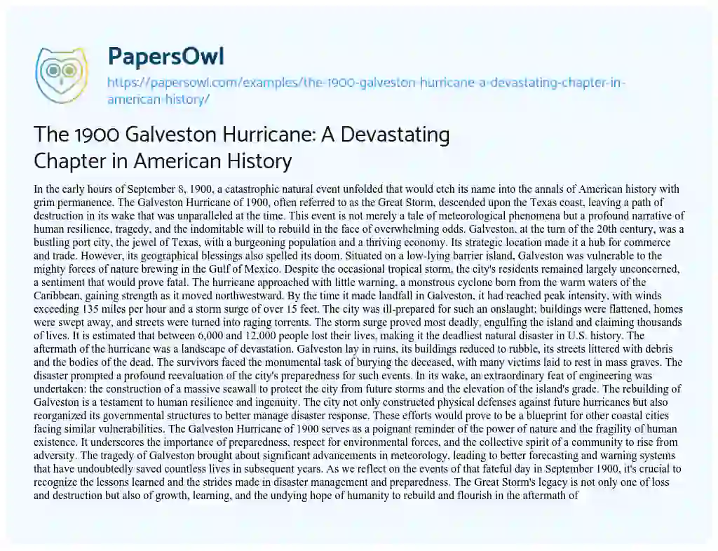 Essay on The 1900 Galveston Hurricane: a Devastating Chapter in American History