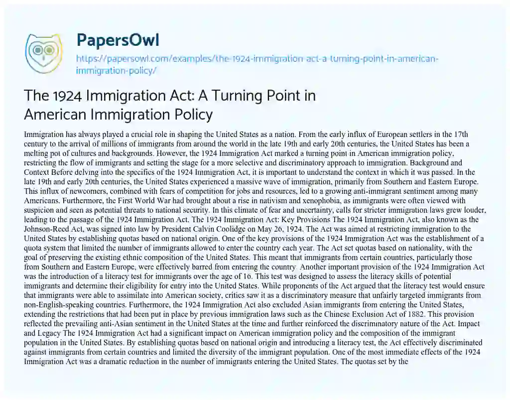 Essay on The 1924 Immigration Act: A Turning Point in American Immigration Policy