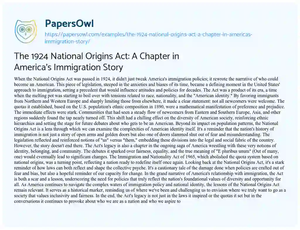 Essay on The 1924 National Origins Act: a Chapter in America’s Immigration Story