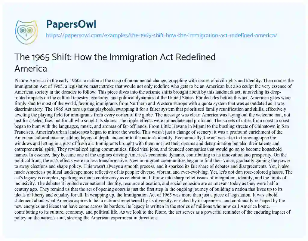 Essay on The 1965 Shift: how the Immigration Act Redefined America