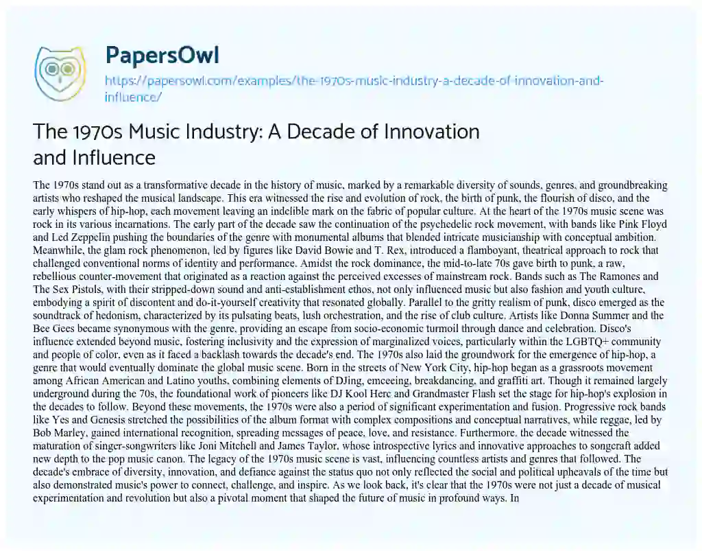Essay on The 1970s Music Industry: a Decade of Innovation and Influence