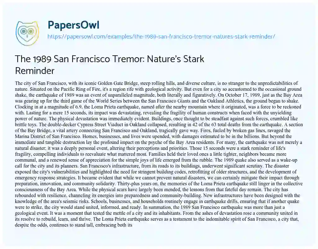 Essay on The 1989 San Francisco Tremor: Nature’s Stark Reminder