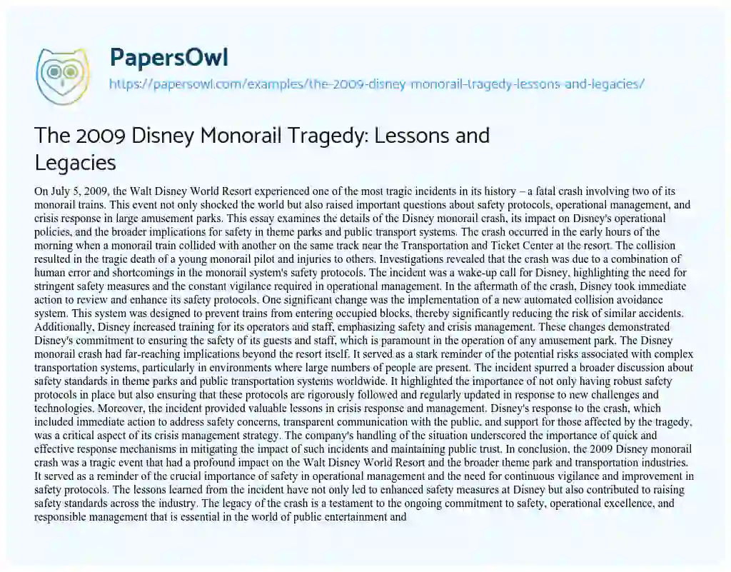 Essay on The 2009 Disney Monorail Tragedy: Lessons and Legacies