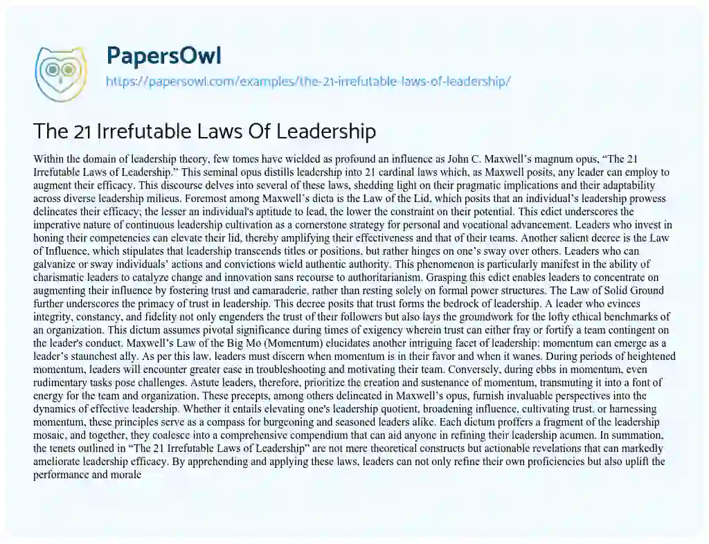 Essay on The 21 Irrefutable Laws of Leadership