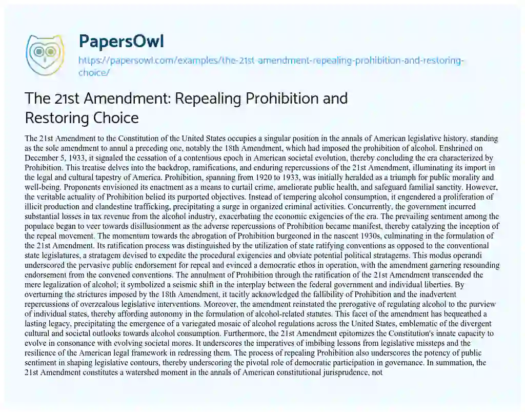 Essay on The 21st Amendment: Repealing Prohibition and Restoring Choice