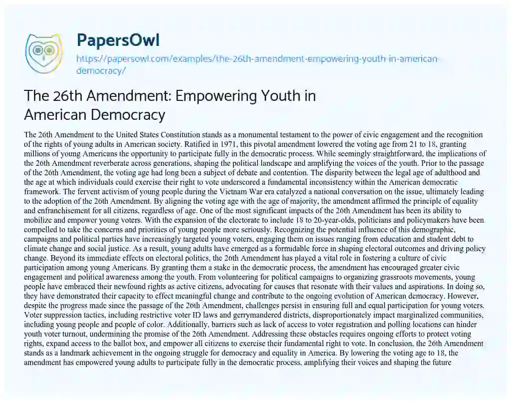 Essay on The 26th Amendment: Empowering Youth in American Democracy