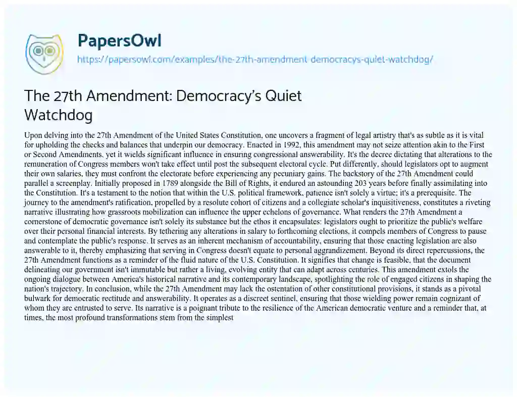 Essay on The 27th Amendment: Democracy’s Quiet Watchdog