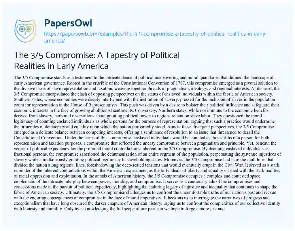 Essay on The 3/5 Compromise: a Tapestry of Political Realities in Early America