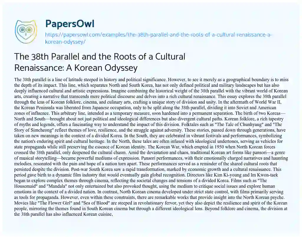 Essay on The 38th Parallel and the Roots of a Cultural Renaissance: a Korean Odyssey