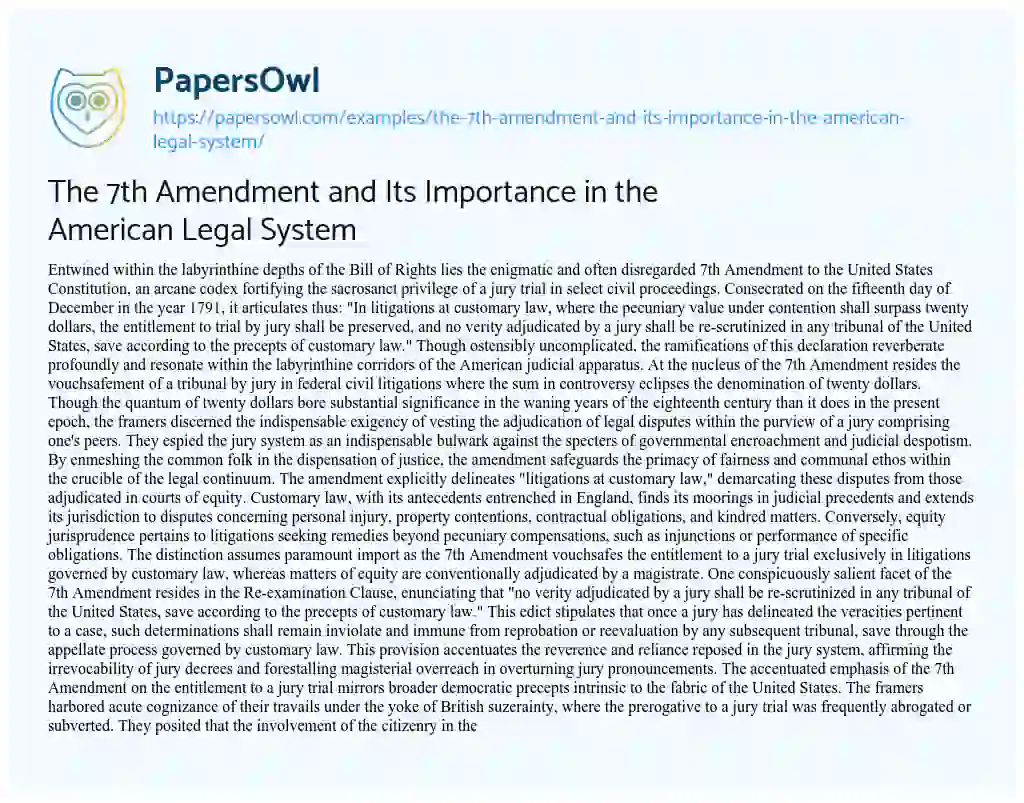 Essay on The 7th Amendment and its Importance in the American Legal System