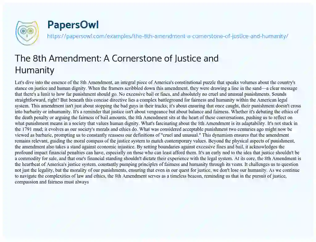 Essay on The 8th Amendment: a Cornerstone of Justice and Humanity