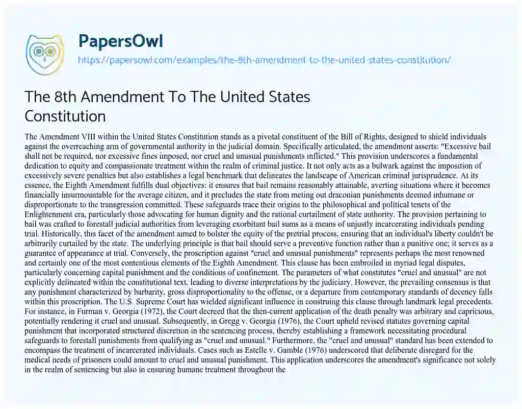 Essay on The 8th Amendment to the United States Constitution