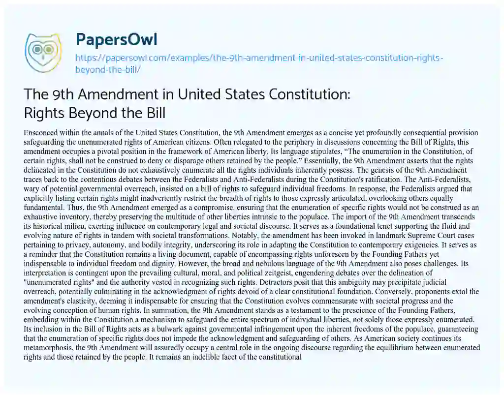Essay on The 9th Amendment in United States Constitution: Rights Beyond the Bill