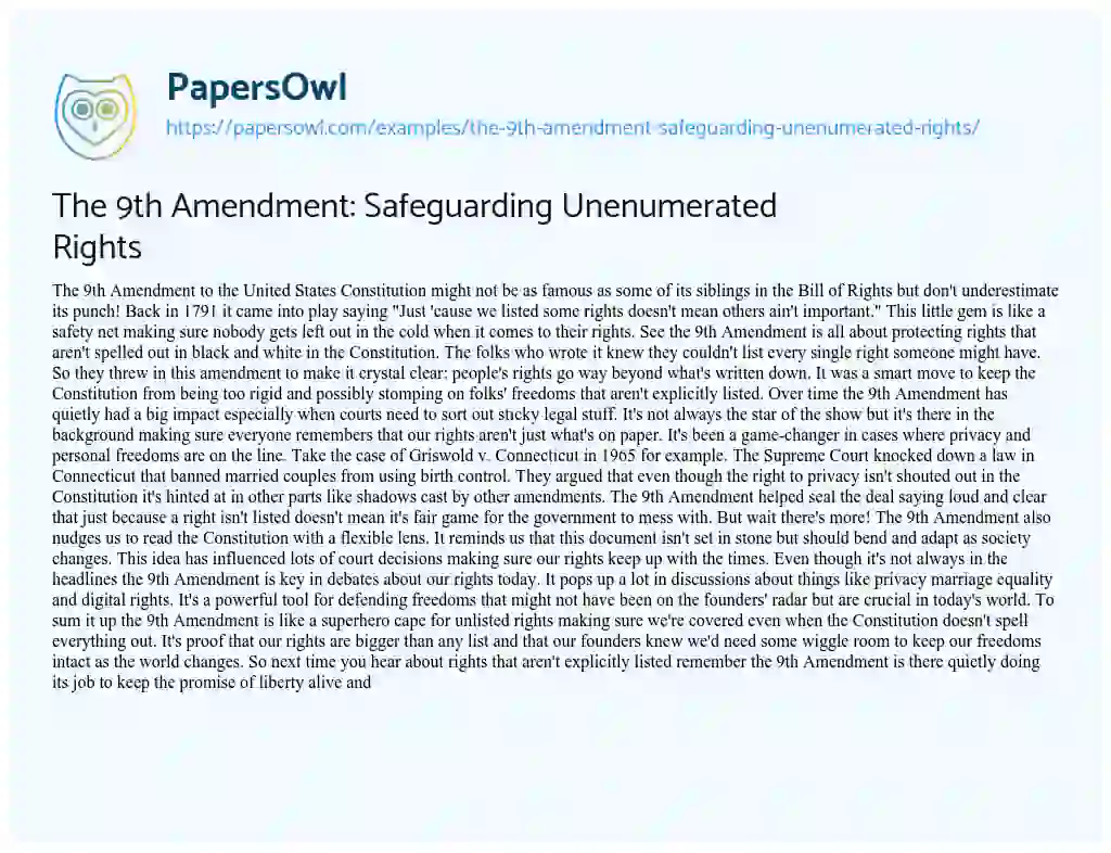 Essay on The 9th Amendment: Safeguarding Unenumerated Rights