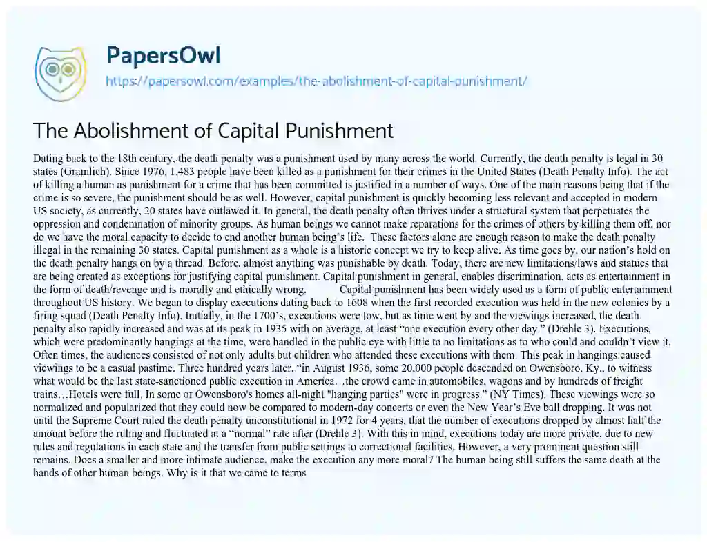 Essay on The Abolishment of Capital Punishment