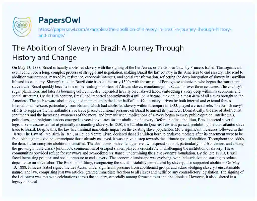 Essay on The Abolition of Slavery in Brazil: a Journey through History and Change