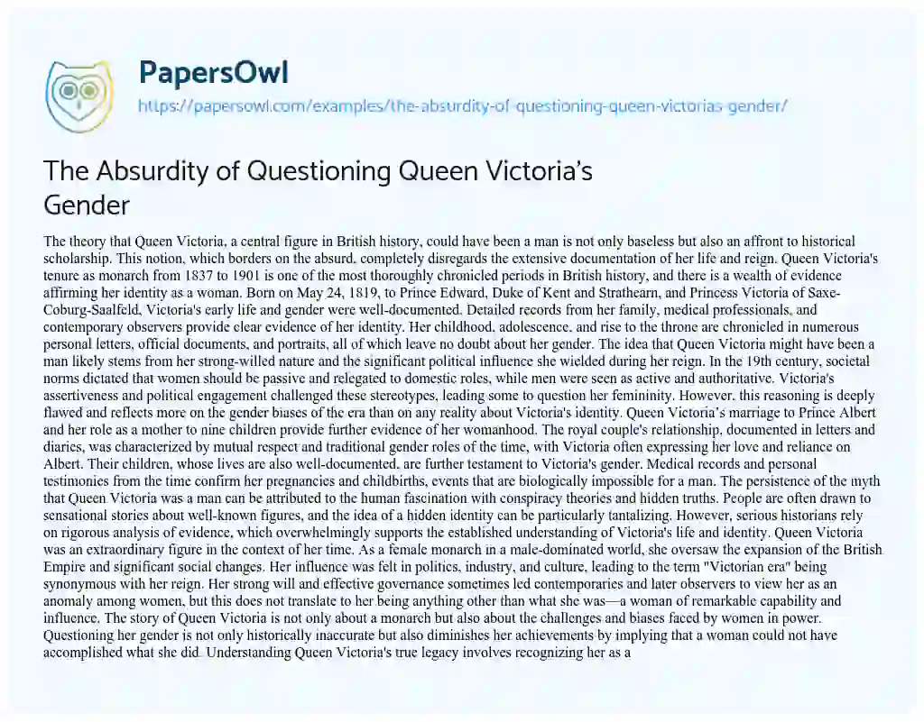 Essay on The Absurdity of Questioning Queen Victoria’s Gender