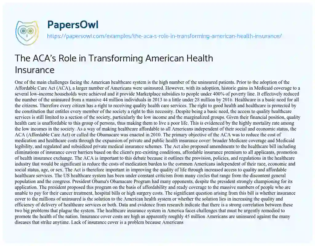 Essay on The ACA’s Role in Transforming American Health Insurance