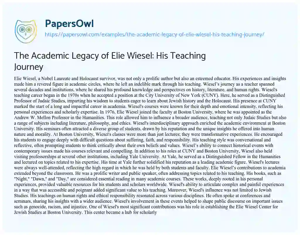 Essay on The Academic Legacy of Elie Wiesel: his Teaching Journey