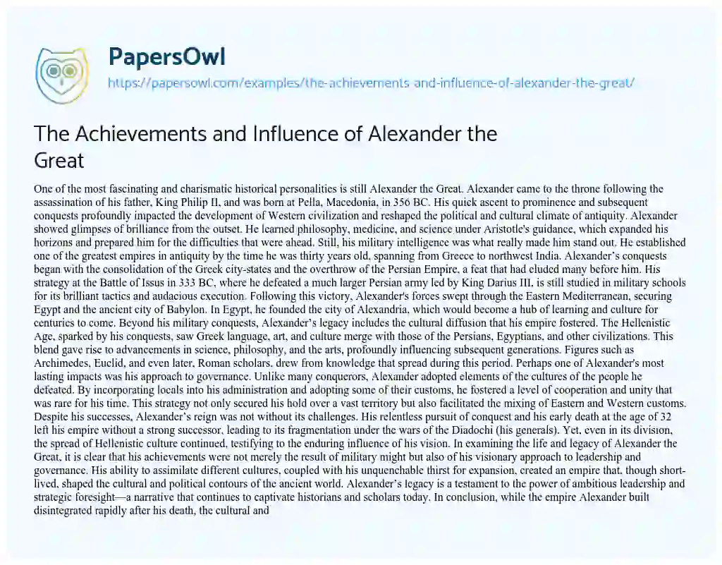 Essay on The Achievements and Influence of Alexander the Great
