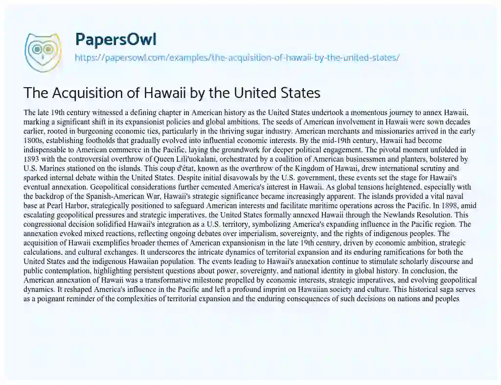 Essay on The Acquisition of Hawaii by the United States