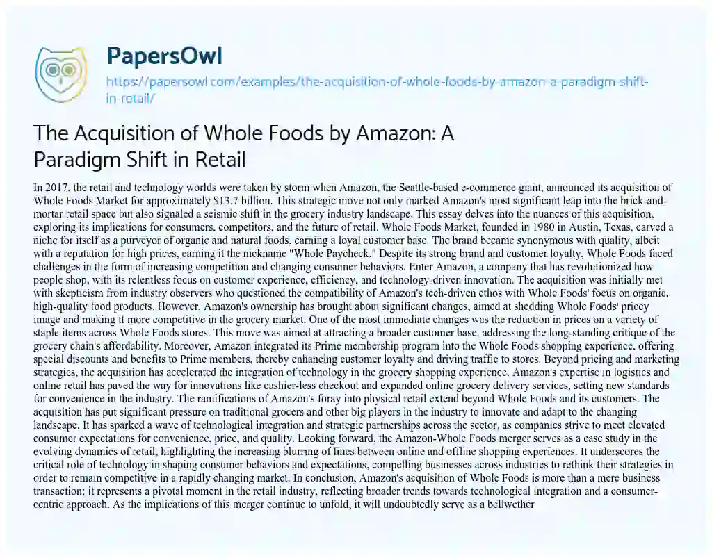 Essay on The Acquisition of Whole Foods by Amazon: a Paradigm Shift in Retail