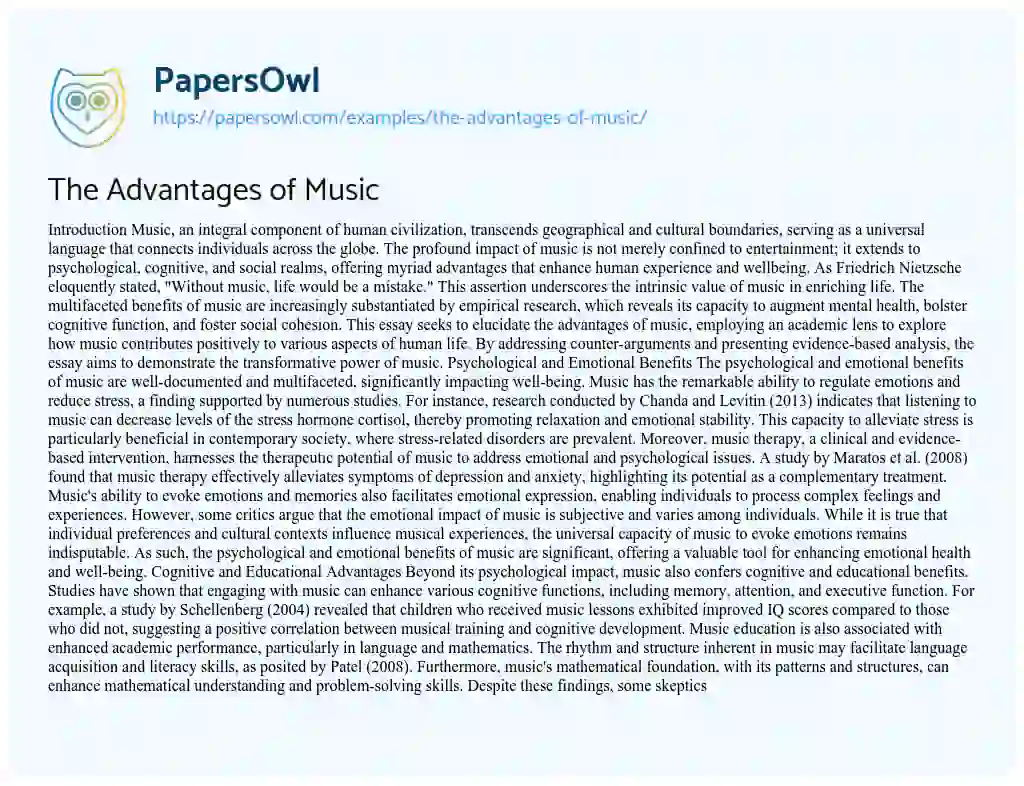 Essay on The Advantages of Music