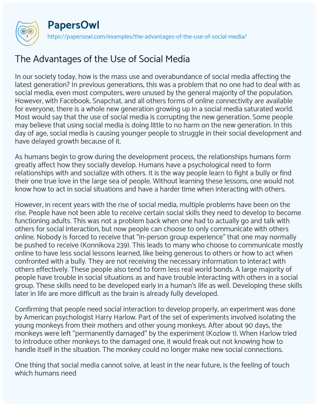 Essay on The Advantages of the Use of Social Media