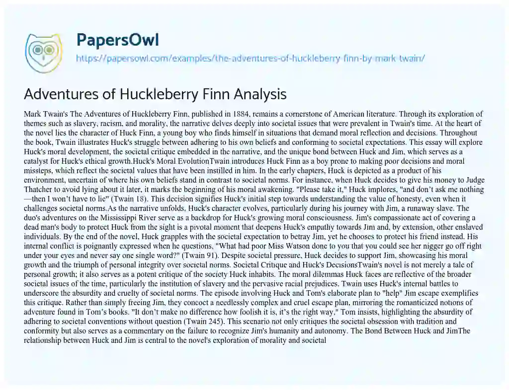 Essay on “The Adventures of Huckleberry Finn” by Mark Twain