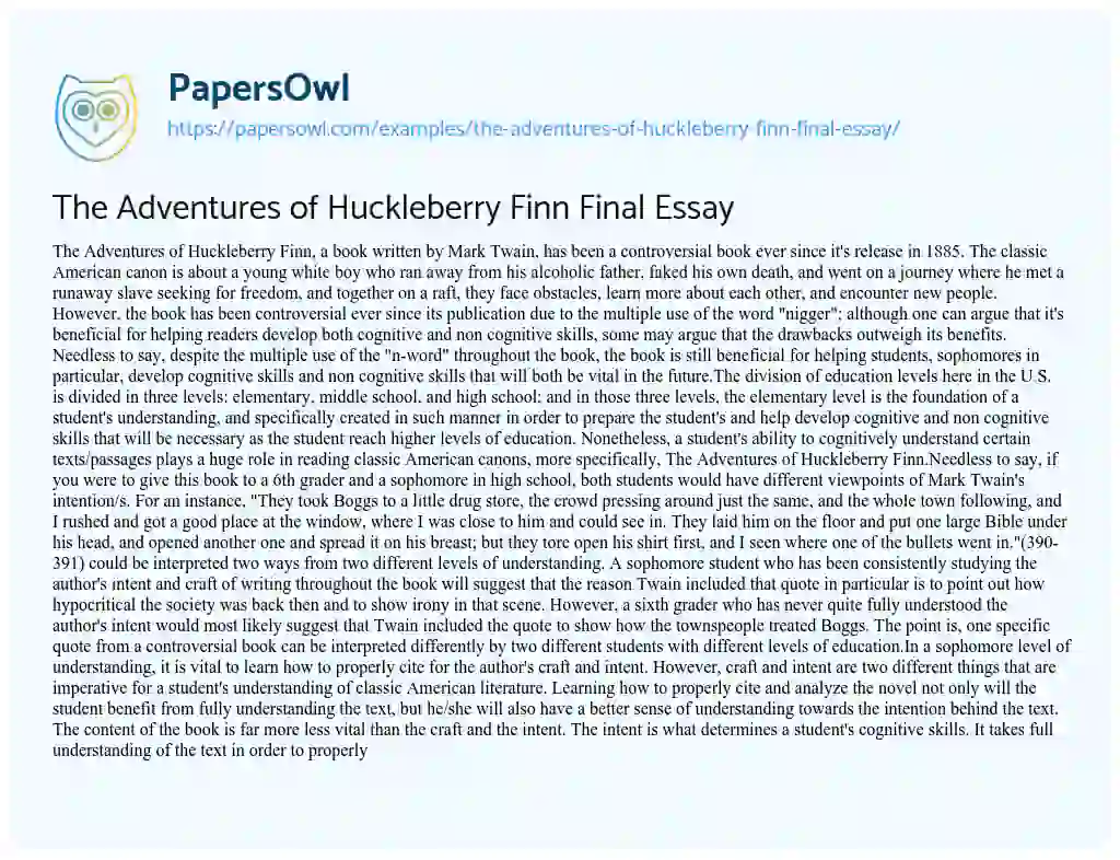 Essay on The Adventures of Huckleberry Finn Final Essay