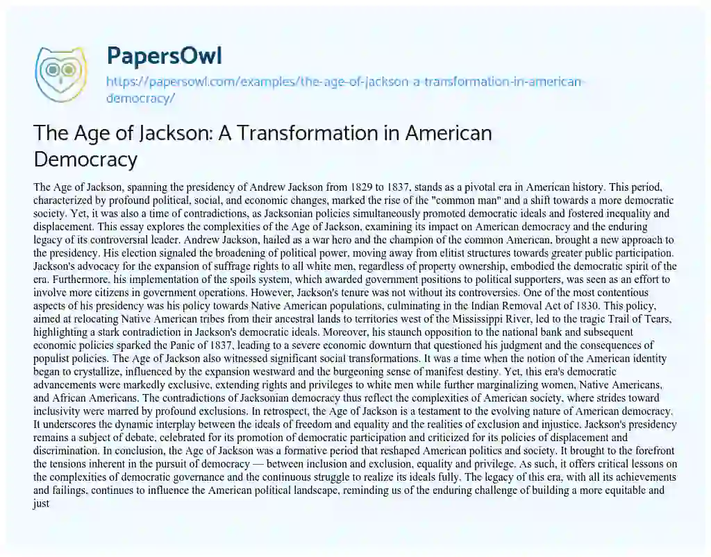 Essay on The Age of Jackson: a Transformation in American Democracy