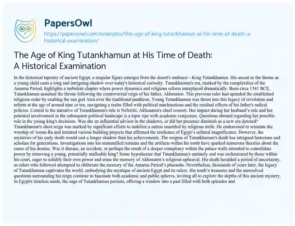 Essay on The Age of King Tutankhamun at his Time of Death: a Historical Examination