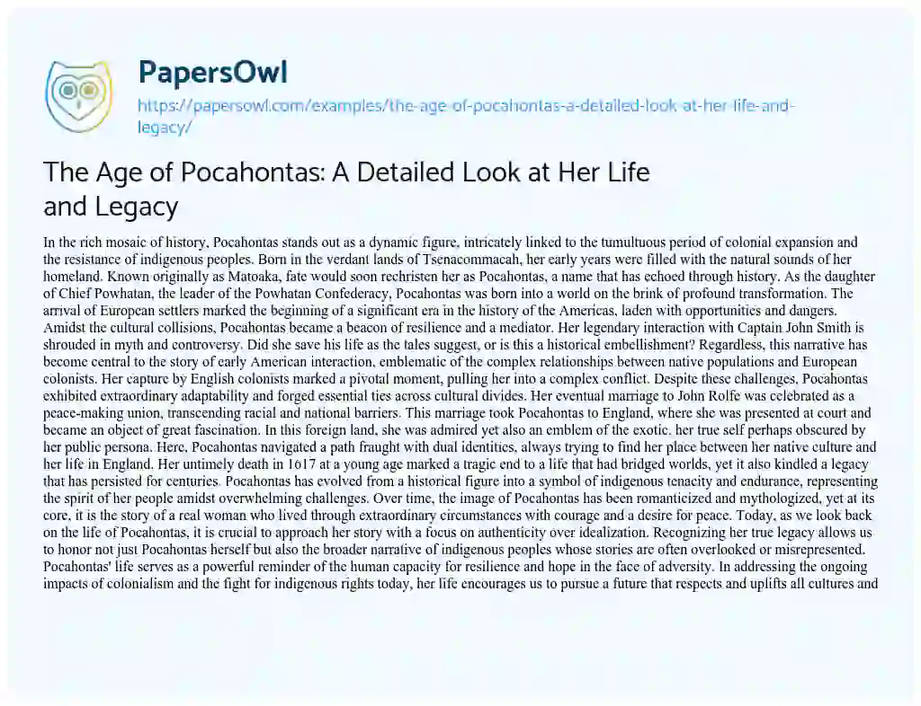 Essay on The Age of Pocahontas: a Detailed Look at her Life and Legacy