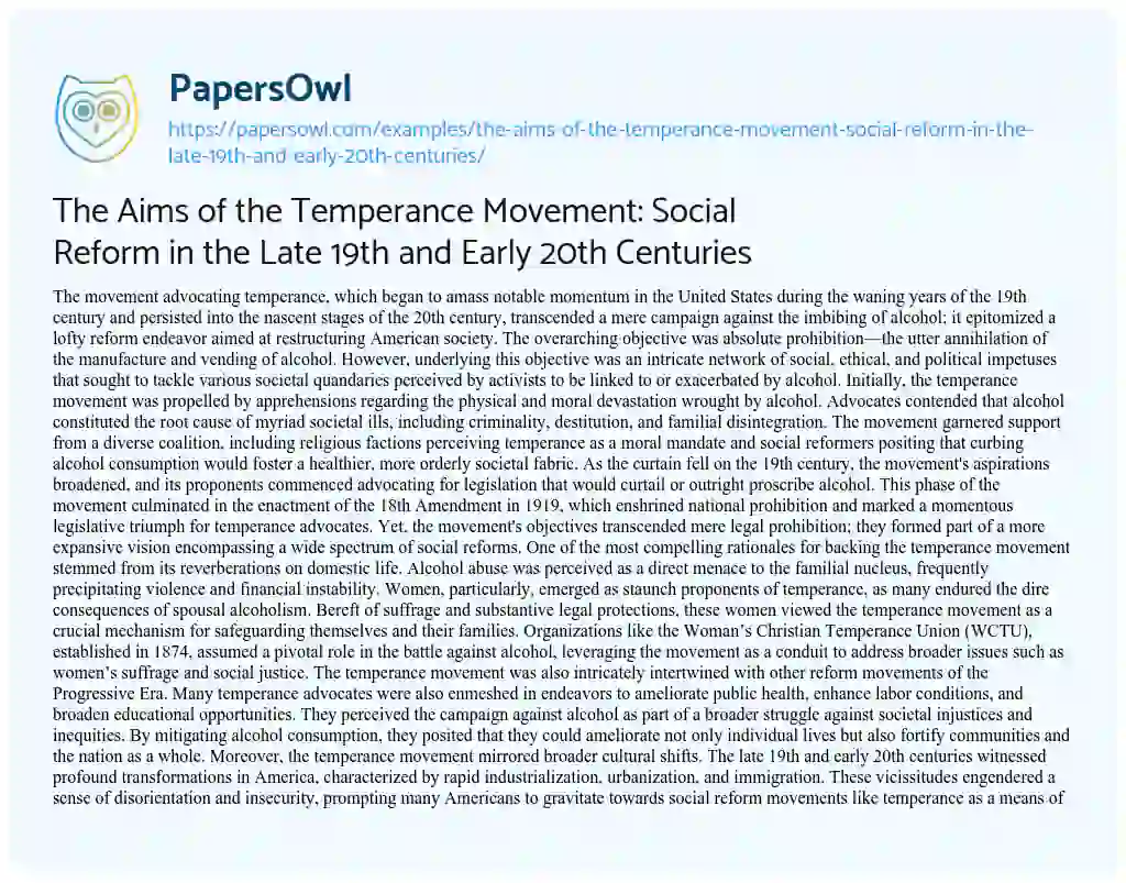 Essay on The Aims of the Temperance Movement: Social Reform in the Late 19th and Early 20th Centuries