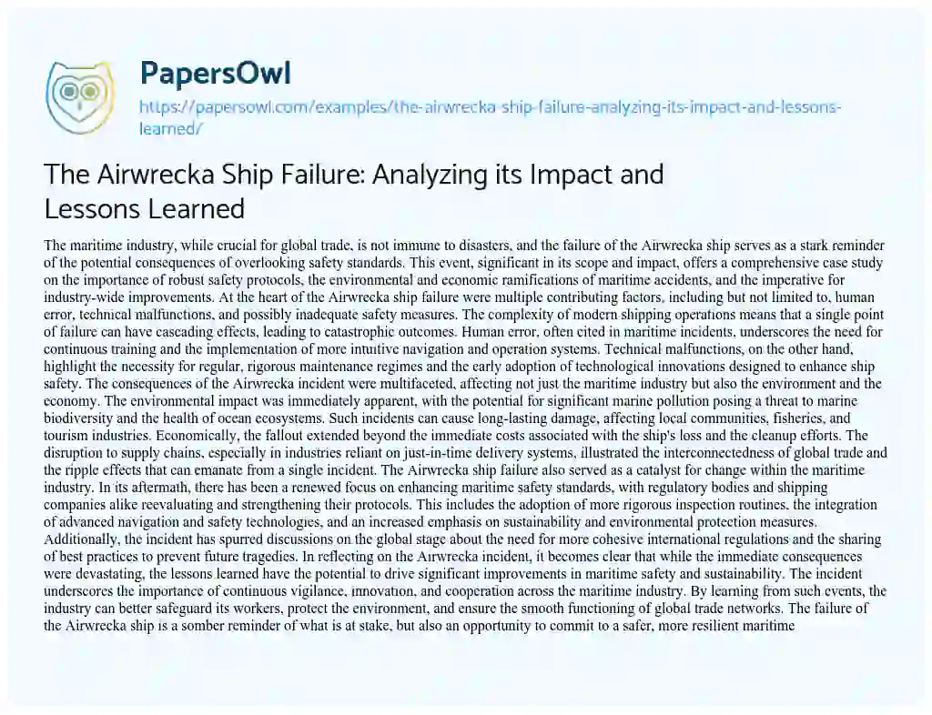 Essay on The Airwrecka Ship Failure: Analyzing its Impact and Lessons Learned