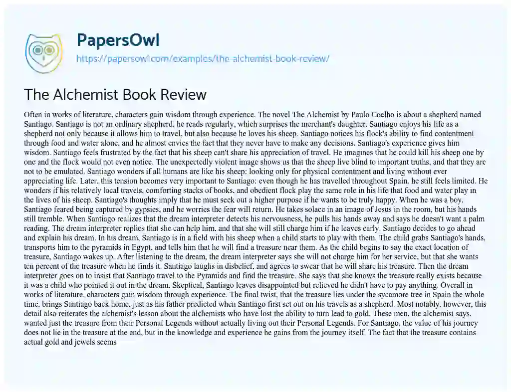 Essay on The Alchemist Book Review