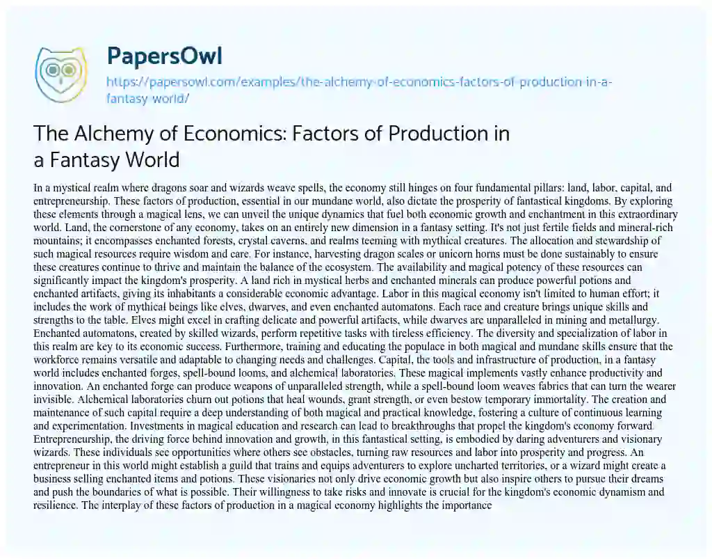 Essay on The Alchemy of Economics: Factors of Production in a Fantasy World